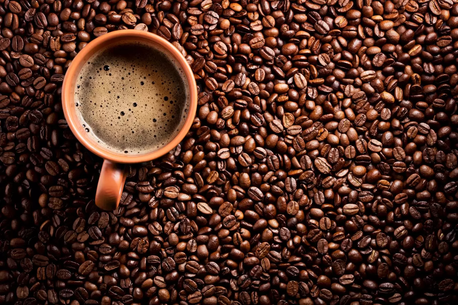 grãos de café com xícara